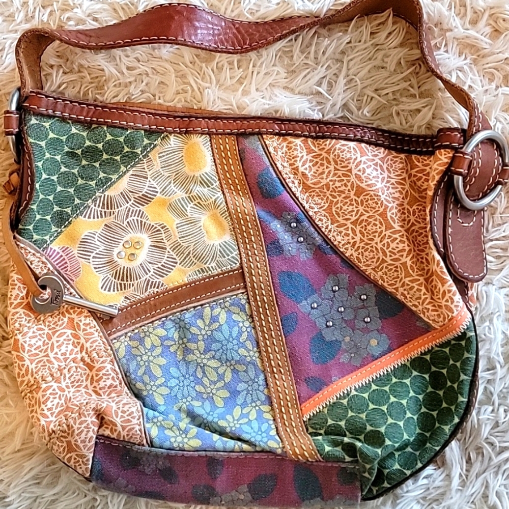 FOSSIL Patchwork Shoulder Handbag Leather Trim